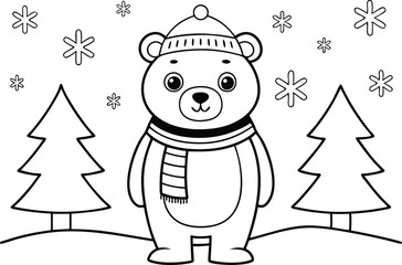 Cartoon Bear Wearing Hat and Scarf with Snowflakes and Trees Outline