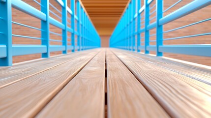 Perspective wooden walkway with blue metal railing