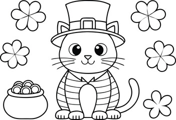 Cartoon Cat With Leprechaun Hat & Gold Pot In Outline Style On Transparent BG