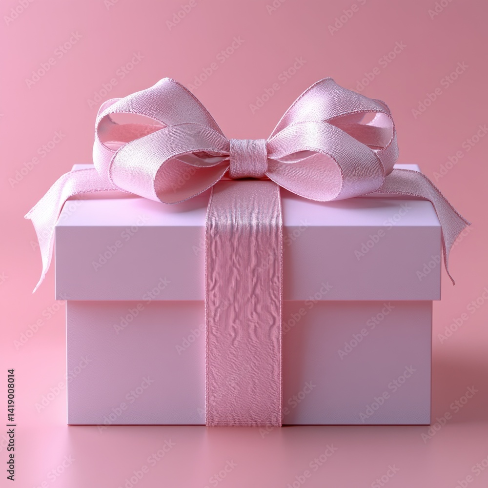 Poster minimalistic open gift box with soft pastel pink ribbons on smooth gradient background centered comp