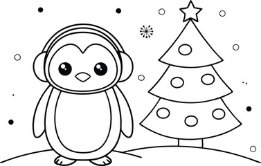 Winter Penguin with Headphones and Christmas Tree Outline