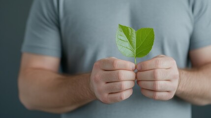 Close-up of young man holding green heart-shaped leaves on grey background. This image could be a concept for World Environment Day or an environmental conservation camp advertisement. With space for 