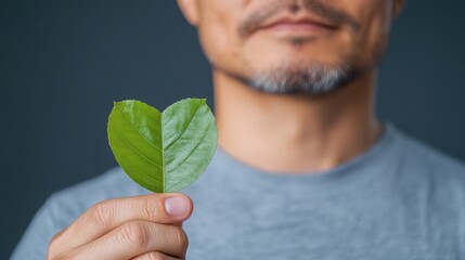 Close-up of young man holding green heart-shaped leaves on grey background. This image could be a concept for World Environment Day or an environmental conservation camp advertisement. With space for 