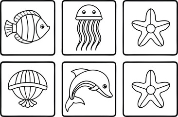 Black Outlined Fish Jellyfish Starfish Dolphin Parachute Icons in Square Frames