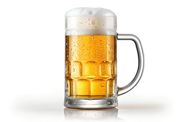 Frosty Beer Mug with Golden Lager and Foamy Head on White Background
