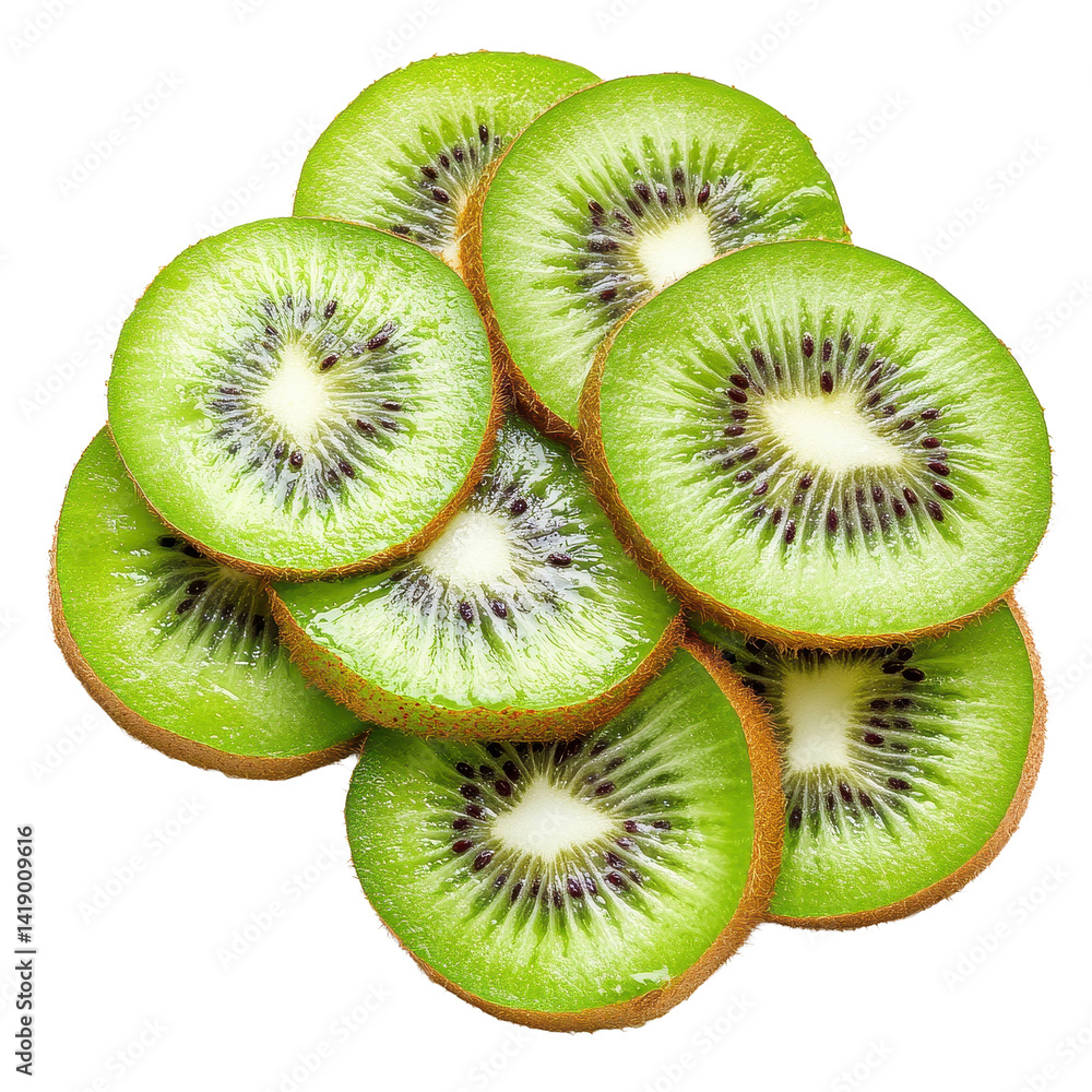 Poster freshly sliced kiwi fruit arranged neatly on a transparent background for visual appeal and culinary