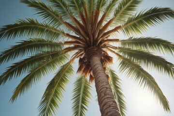 Obraz premium coconut palm tree shot from below, over blue summer or spring sky
