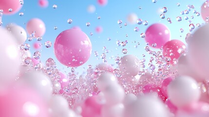 Pink and white spheres with water drops
