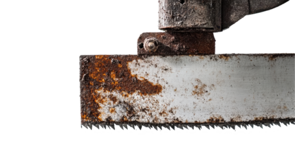 Close-up of a rusty industrial saw blade highlighting wear and tear. transparent background