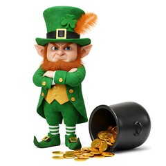 Crossed arms leprechaun beside fallen pot