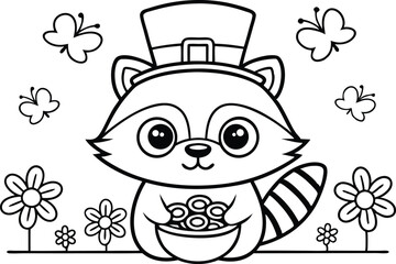 Cartoon Raccoon Wearing Shamrock Hat Holding Pot of Gold with Butterfly Flowers