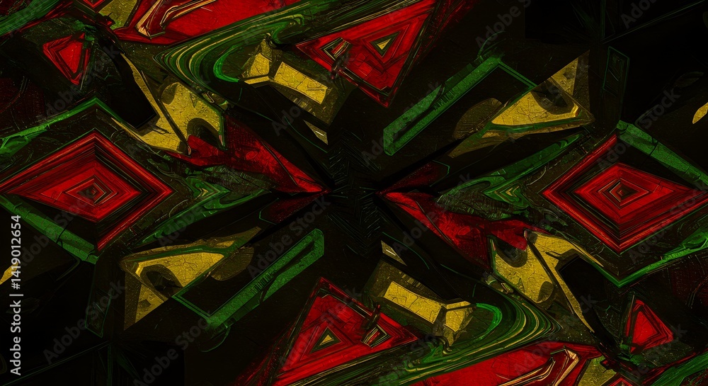 Poster abstract artwork featuring symmetrical patterns and bold contrasting colors