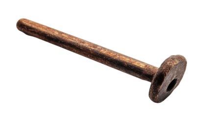 Close-up image of a rusty metal bolt showing wear and texture. transparent background
