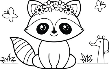 Linear Racoon with Flower Crown, Butterfly, and Elephant in Line Art Style