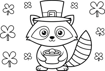 Raccoon Wearing Leprechaun Hat Holding Pot of Gold Black and White Line Art