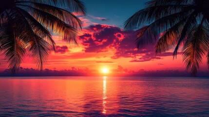 Fiery Tropical Sunset: Palm Trees Frame a Vibrant Ocean Horizon