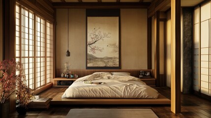 A serene japanese style bedroom illuminated by natural sunlight