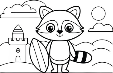 Raccoon with Surfboard Outlines, Beach Scene, Castle Silhouette, White Background