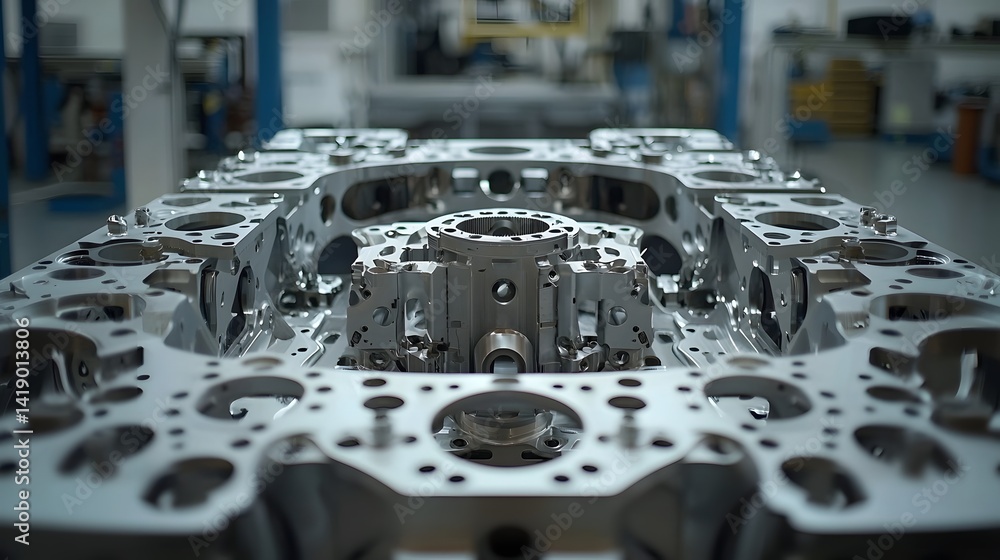 Poster high magnification closeup view of intricate high precision aerospace components or parts produced t