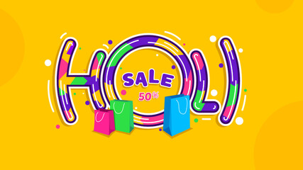 Colorful Holi festival sale banner with shopping bags, bright splashes, and text "Holi Sale 50%" on yellow background. Perfect for seasonal promotions and festive discounts