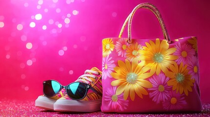 A trendy handbag with radiant flowers, paired with bold sunglasses and sneakers, glowing in harmony on a vibrant hot pink background with subtle sparkles.