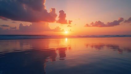 Elegant Coastal Sunset: Vibrant Sky Gradients & Mirror-Like Ocean Surfaces for Travel & Nature Stock Collections