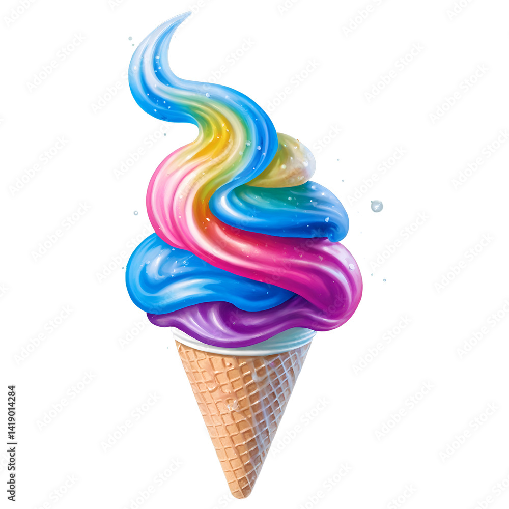 Poster vibrant spectrum, an illustration of a floating soft serve ice cream cone displaying a multicolored 