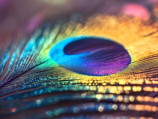 Fototapeta premium Elegant Iridescent Peacock Feather Macro with Vibrant Metallic Colors