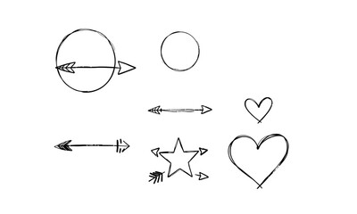 collection of hand drawn doodles featuring arrows, circles, hearts, and star, showcasing playful and artistic style. These elements can be used for various creative projects
