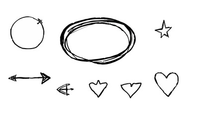 collection of hand drawn doodles including circle, oval, star, and various heart shapes, conveying playful and creative vibe
