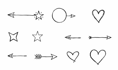 collection of hand drawn doodle arrows, stars, hearts, and circles, showcasing playful and creative design style. These elements can be used for various artistic projects