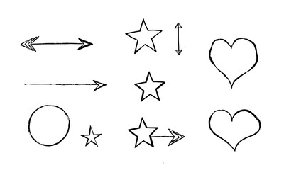 collection of hand drawn doodles featuring arrows, stars, hearts, and circles, showcasing playful and creative design style. These simple shapes evoke sense of whimsy and artistic expression