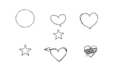 collection of hand drawn doodles featuring various shapes including circles, hearts, and stars, showcasing playful and artistic style. These sketches evoke creativity and whimsy
