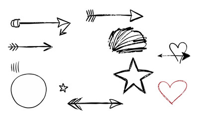 Hand drawn arrows, stars, hearts, and shells create playful and artistic vibe, perfect for creative projects and designs. These doodles add whimsical touch to any artwork