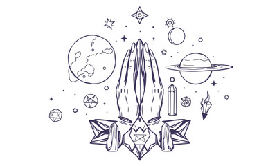 mystical illustration featuring hands in prayer position surrounded by celestial elements like planets, stars, and crystals, evoking sense of spirituality and connection to universe
