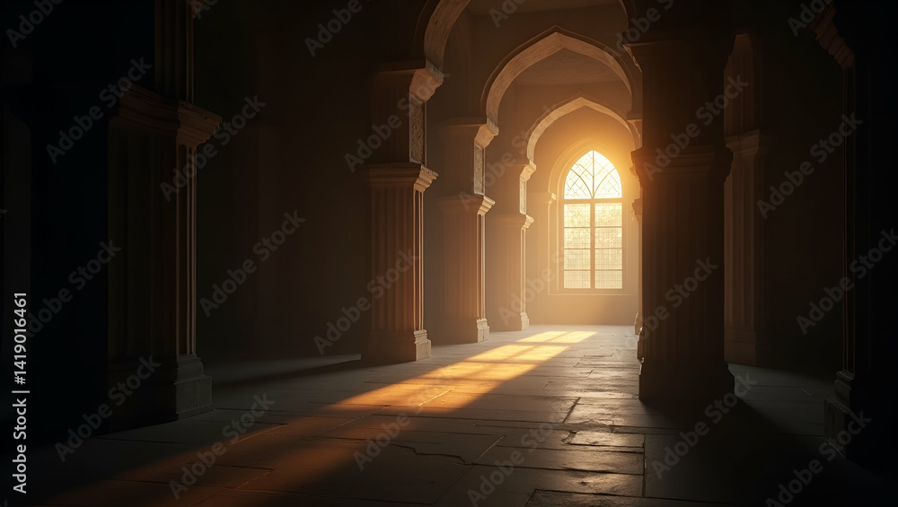 Poster buddhist light: captivating imagery of ancient temple architecture with mystic aura and serene lumin