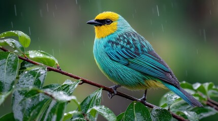 Blue And Yellow Bird In Rainforest Rain