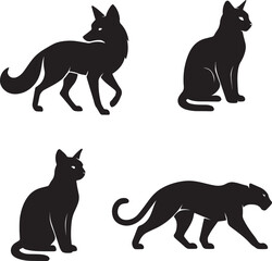 Cat and Wild Animal Silhouette Vector Set – Fox, Panther, and Domestic Cats Icons for Pet and Wildlife Design