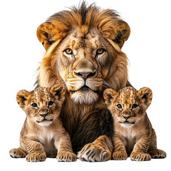 Fototapeta premium Heartwarming lion and two cubs png dynamic majestic wildlife family png elegant natural animal portrait png refined detailed lion pride png transparent background image
