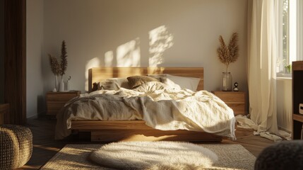 Light filled minimalist bedroom with wooden bed and d?cor