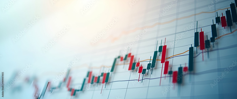Poster candle stick graph chart illustrating stock market investment and trading data with empty space for 