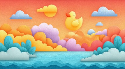 Yellow Ducky Soaring Over a Colorful Sunset Seascape