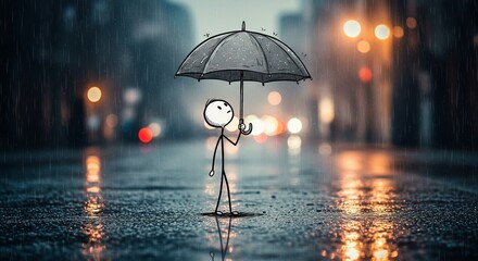 Stick Figure in Rain with Umbrella