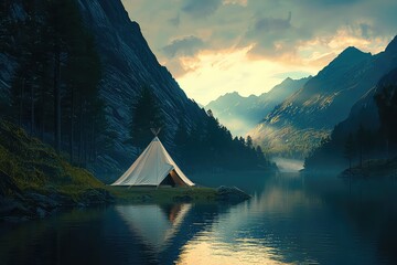 A scenic and peaceful camping tent in the wilderness, surrounded by majestic natural landscape. Golden hour light, high-resolution, perfect for editorial, and outdoor lifestyle. AI generated image