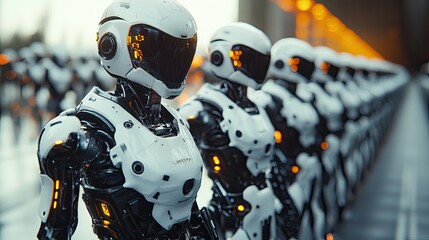 Futuristic robots line up in a military formation.