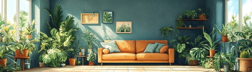 Handdrawn panoramic interior design featuring plantfilled rooms and detailed elements, inspiring a dreamlike home atmosphere with lush greenery and cozy vibes