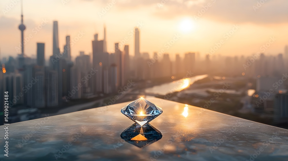 Poster close up of a brilliant diamond gem reflecting the intricate details of a captivating cityscape crea