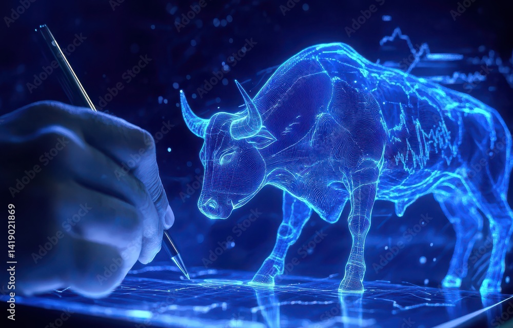 Poster creating digital bull image with pen on screen abstract concept