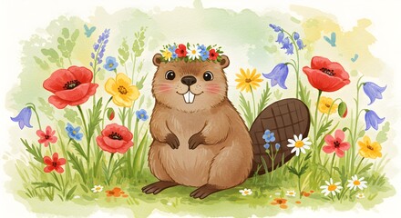 Fototapeta premium Watercolor woodland beaver illustration wearing a floral crown in wildflower meadow