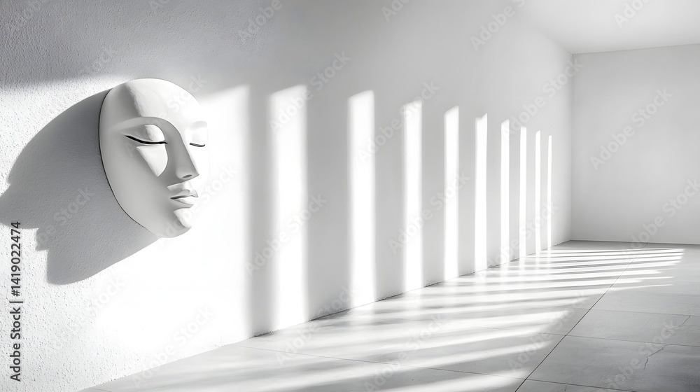 Poster striking minimalist portrait with a face emerging from a play of shadows and light conveying a sense